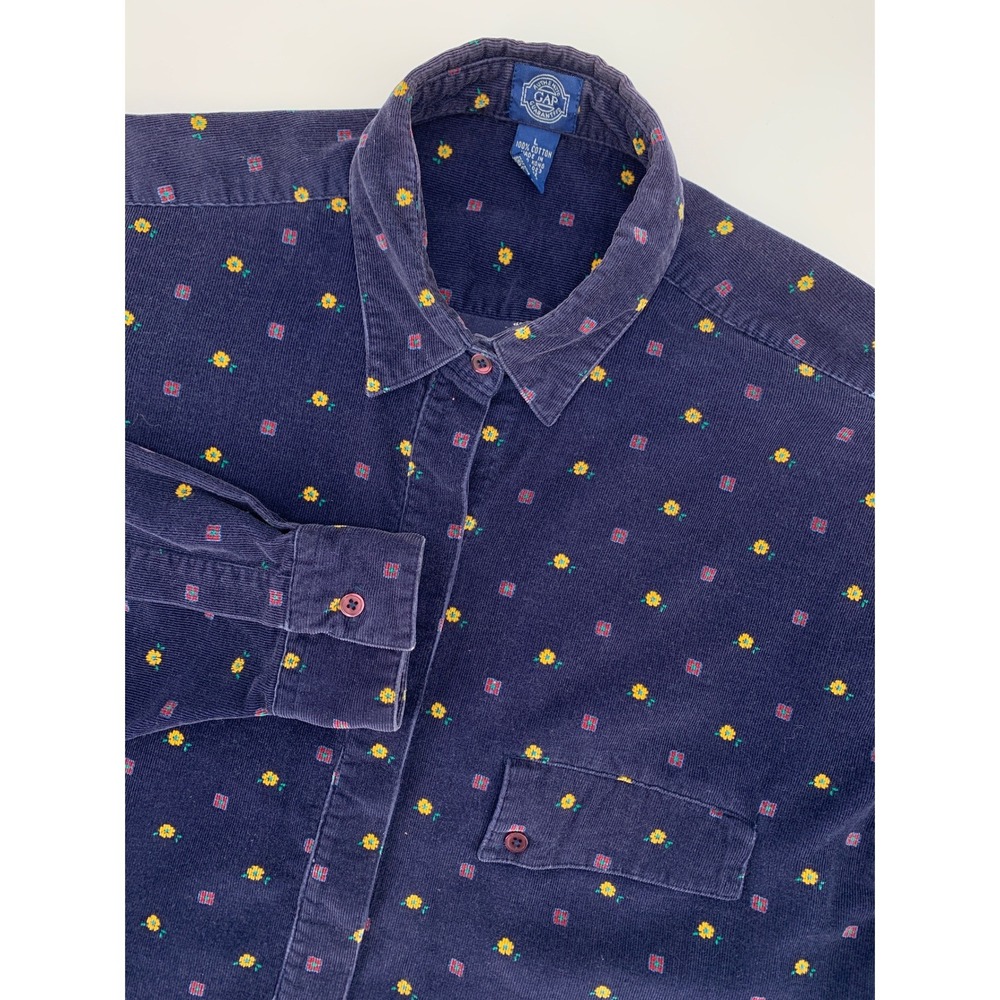 Vintage Gap Shirt Womens‎ Large Navy Blue Floral Corduroy Y2K Cotton Long Sleeve